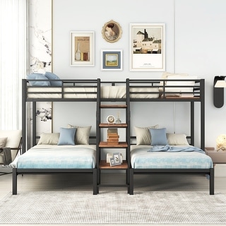 Twin over Twin & Twin Bunk Bed, Metal Triple Bunk Bed with Storage Shelves Staircase