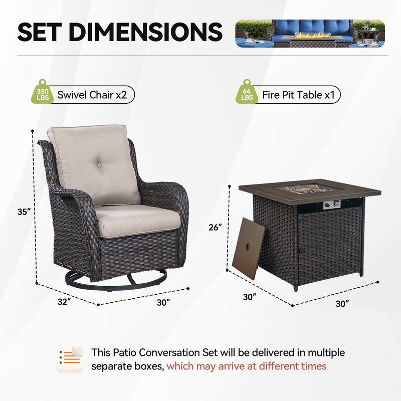 Pocassy 3 Pieces Fire Pit Table with Swivel Gilder Chairs