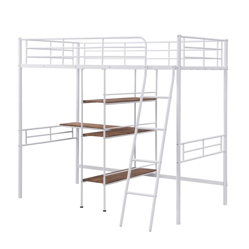 Twin Size White Metal Loft Bed with Built-in Desk & Shelves – Space-Saving Design
