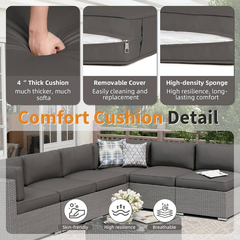 7-piece Outdoor Patio Grey Wicker Rattan Cushioned Sectional Sofa Conversation Set