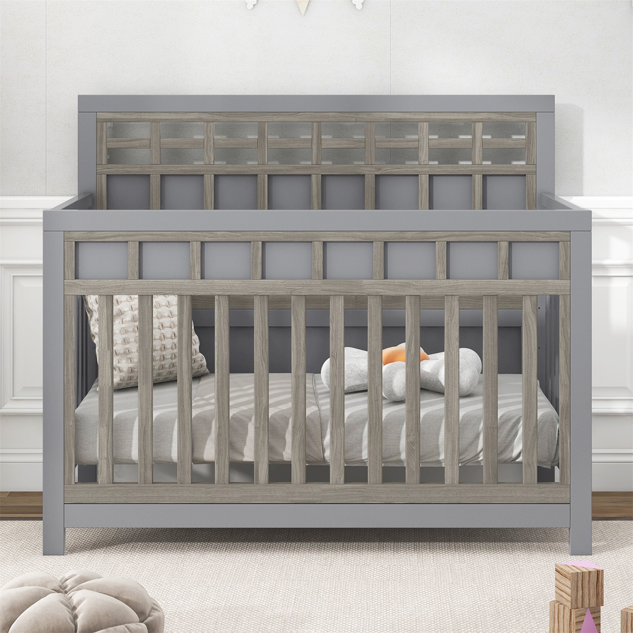 Gray 3 Pieces Nursery Set Baby Crib and Changer Dreeser Set On
