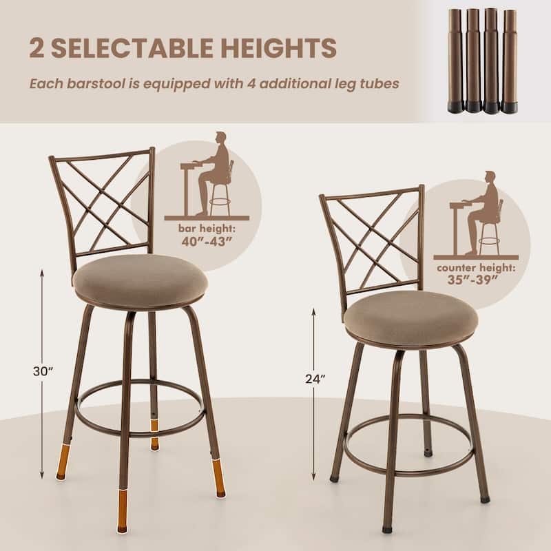 2 Pieces Swivel Pluch Fabrice Cushioned Bar Stool Set-Brown - 18" x 16" x 41.5" (L x W x H)