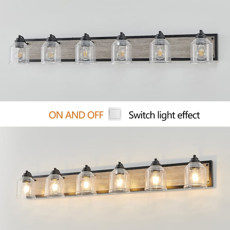 49" Farmhouse Vanity Light Fixture, 6-Light Bathroom Wall Sconce with Clear Seeded Glass Shades, Black and Wood Grain Finish