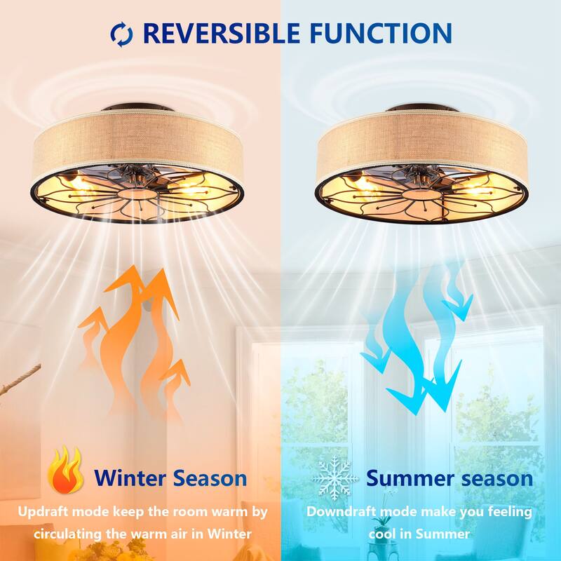 20" Caged Ceiling Fans Flush Mount,Low Profile Fabric Farmhouse Ceiling Fan with Remote Control - N/A