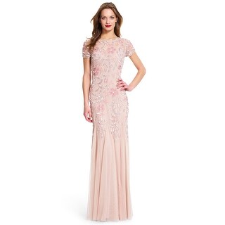 floral beaded godet gown with sheer short sleeves