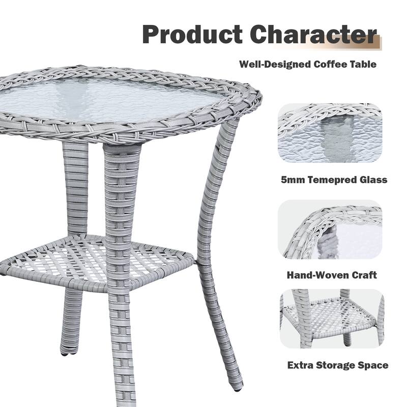 Patio Rattan Wicker Coffee Table with Tempered Glass Top