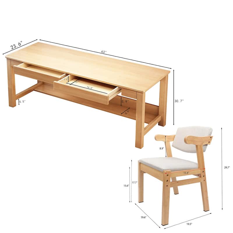 Wooden Desk and Chair Set, Extra Long Computer Desk 2 Person Desk, Double Office Desk