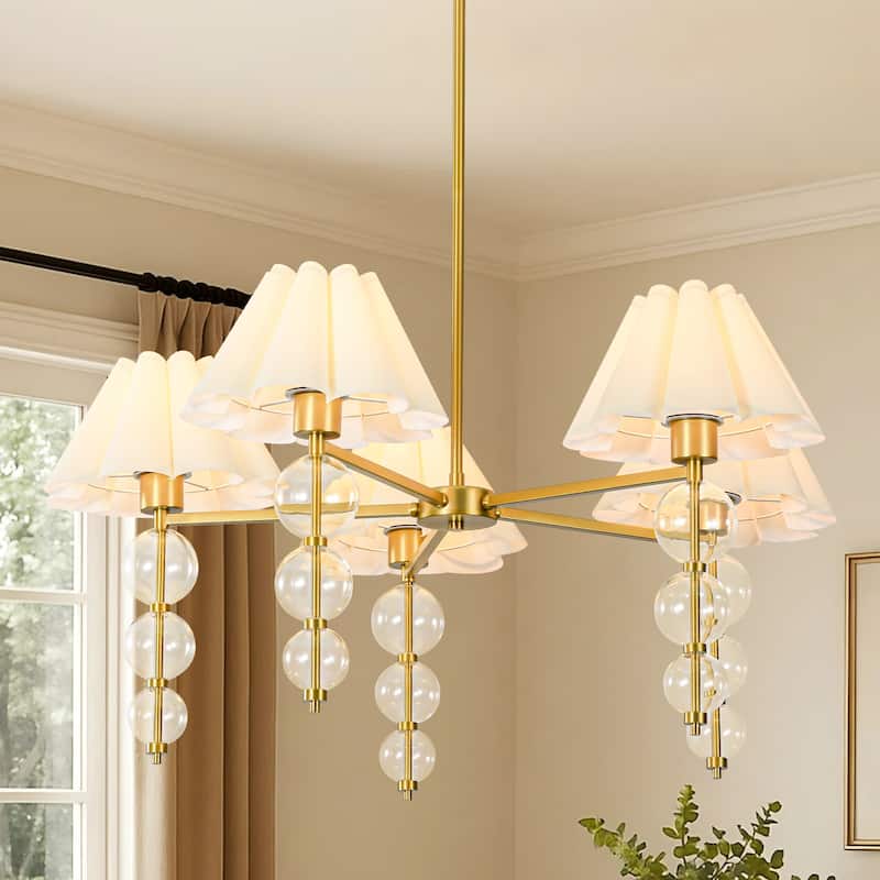 Rennnsan 5-Light 35 in. Transitional Gold Chandelier with Clear Glass Orbs and Fabric Shades - 34.6 in. Dia x 16.1 in. H