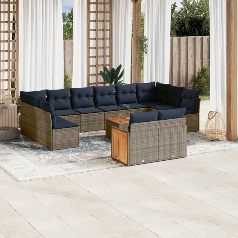 vidaXL 12/13 Piece Patio Sofa Set with Cushions Black/Gray Poly Rattan - 21.7 x 24.4 x 27.2 - Gray With table