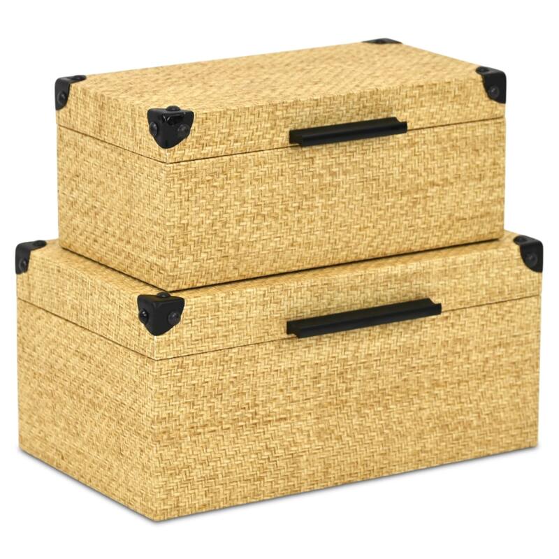 Ferelith Set of 2 Rectangular Decorative Storage Boxes - Light Brown Wicker Rattan Pattern