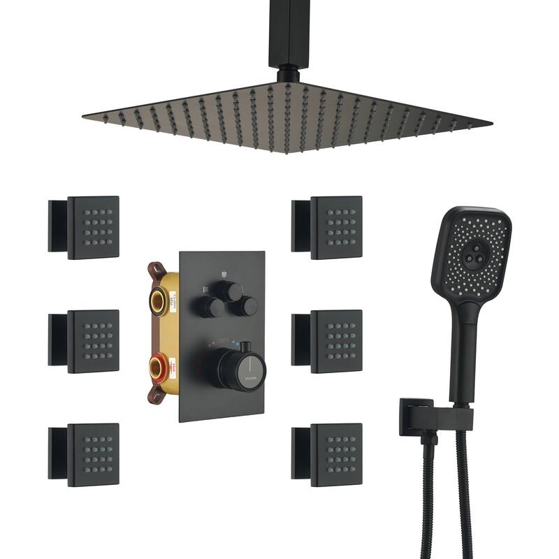 Celling Mount 12 Inch Rainfall Shower Head 3 Function Thermostatic Shower System with 6 Body Jets - Matte Black
