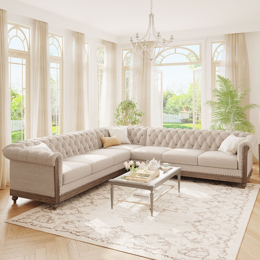 L-Shaped Sectional Sofa with Nailhead Trim & Wooden Legs, Comfy Tufted Upholstered Sofa, Large 6-Seater Sofa for Living Room