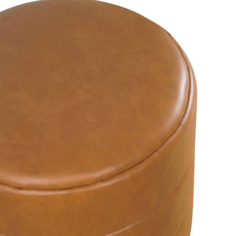 Sem 18 Inch Brown Channel-Tufted Faux Leather Round Accent Ottoman