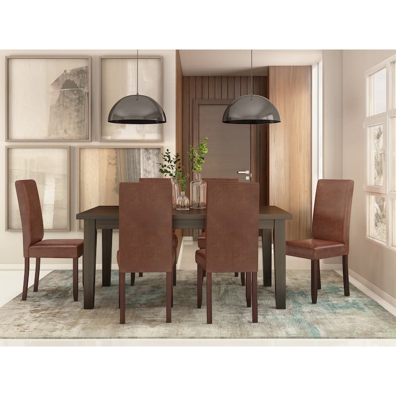 WYNDENHALL Normandy Transitional 7 Pc Dining Set with 6 Upholstered Parson Chairs and 66 inch Wide Table - Distressed Saddle Brown