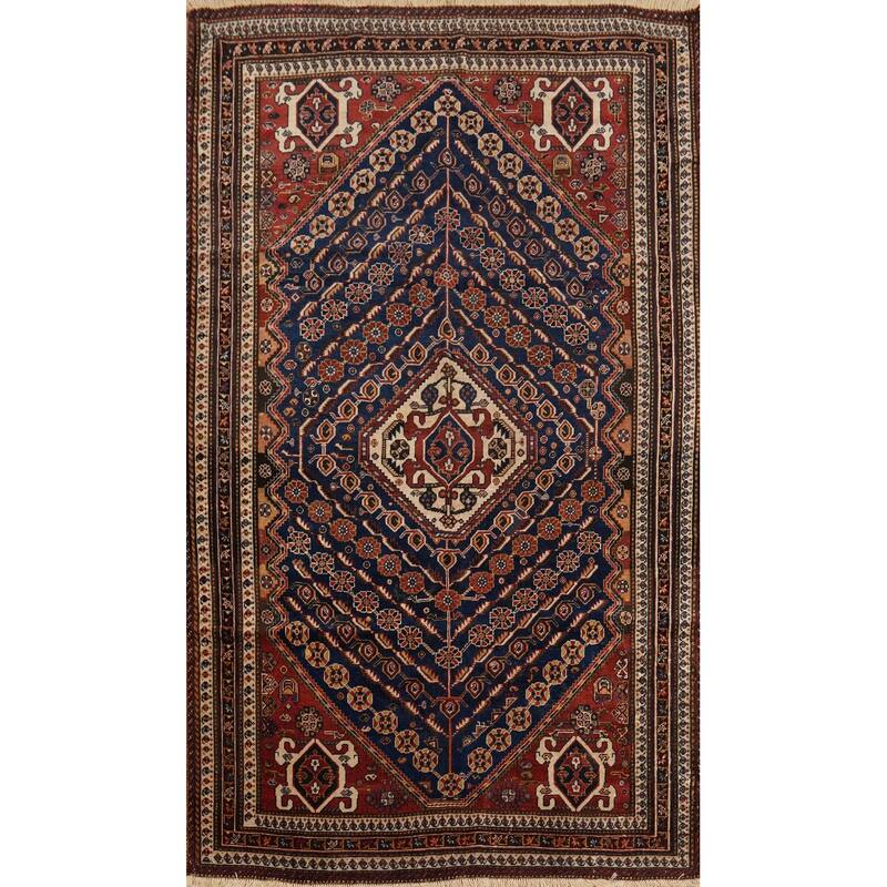 Hand Knotted Oriental 100% Wool Carpet Traditional Geometric Navy Blue & Blues Qashqai Area Rug - 8' 6'' X 5' 3''