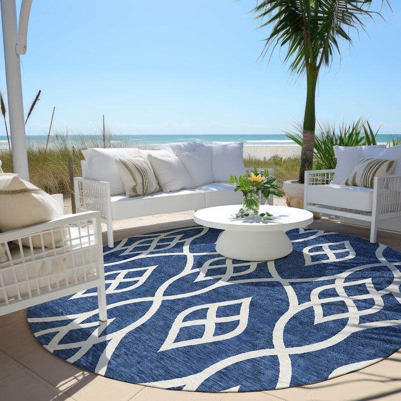 Machine Washable Indoor/ Outdoor Chantille Trellis Modern Rug - Navy - 8' x 8'