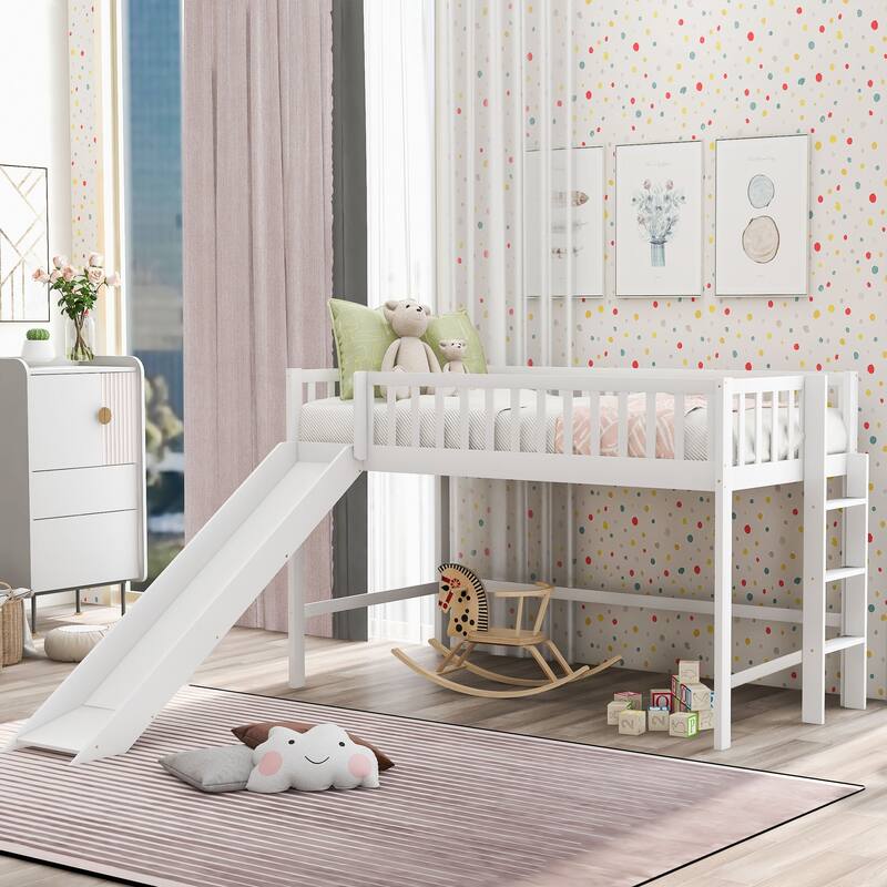White Twin Low Loft Bed with Removable Slide and Space-Saving Ladder - White