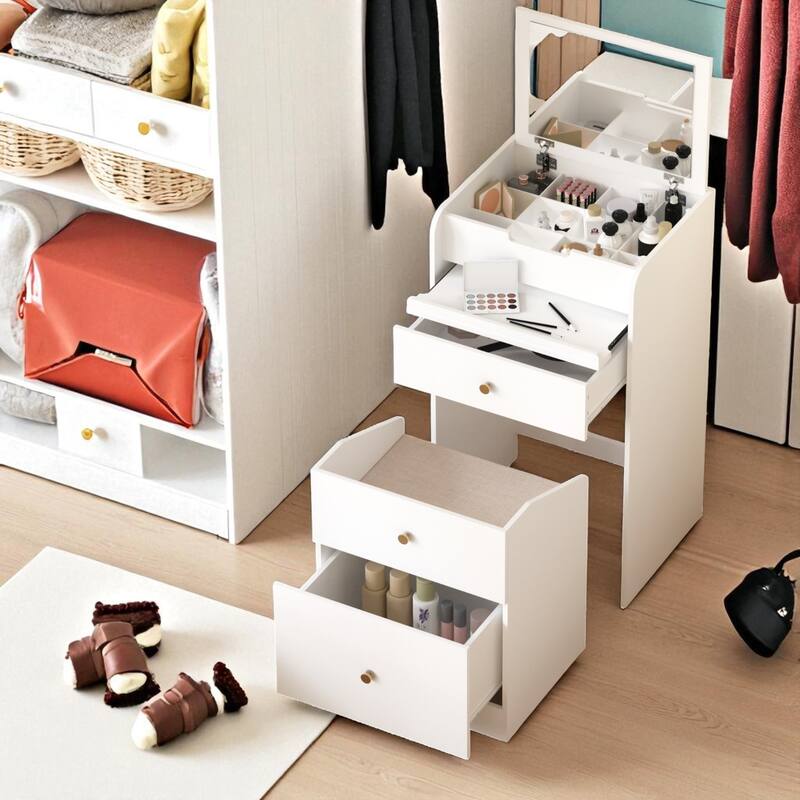 Small Vanity Desk with Mirror, Chair and Drawers, Space-Saving Makeup Table for Girls or Teen Bedroom
