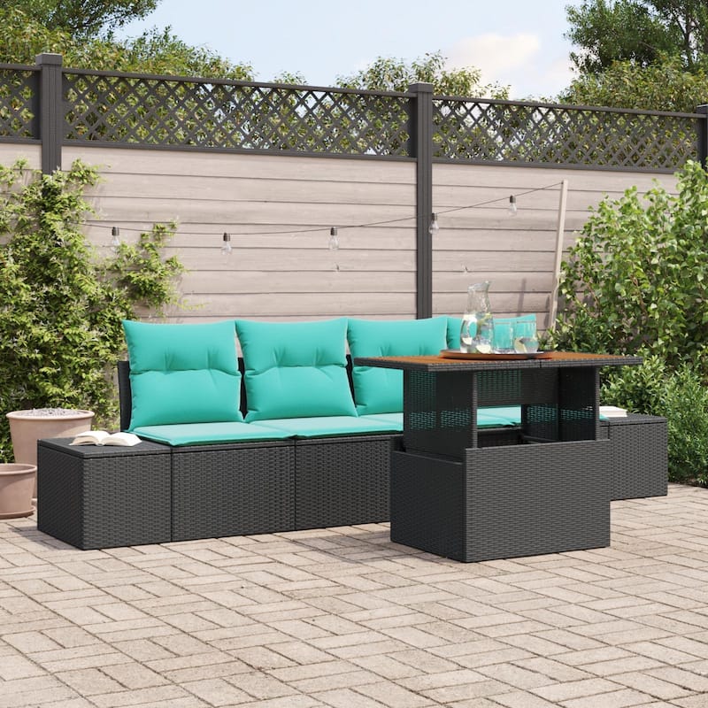 vidaXL 5 Piece Garden Sofa Set with Cushions Black Poly Rattan - 115.8×24.4×27.2