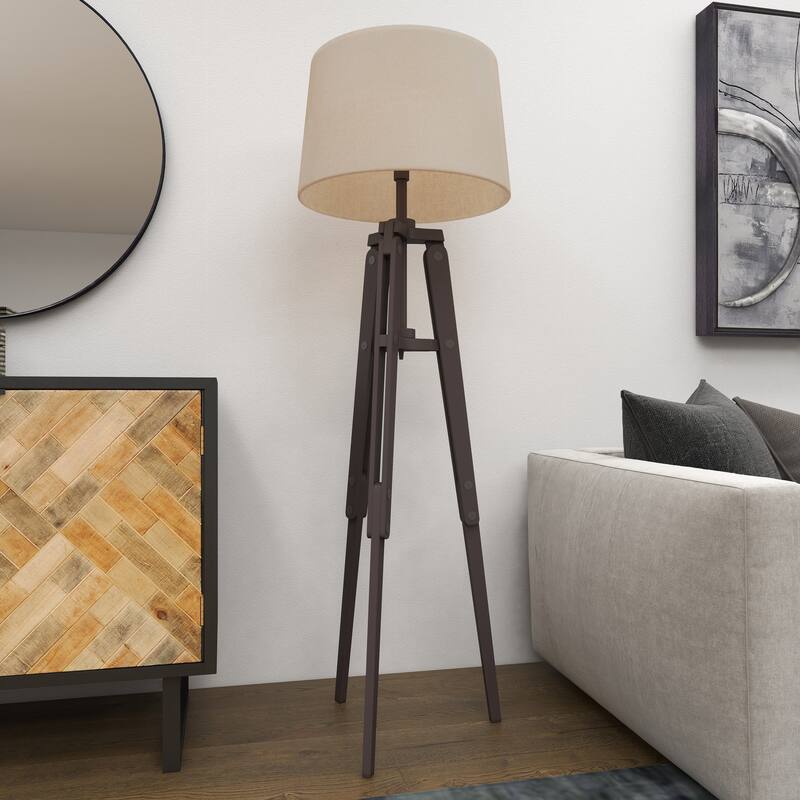 Black Wood Tripod Room Floor Lamp with Cream Linen Shade