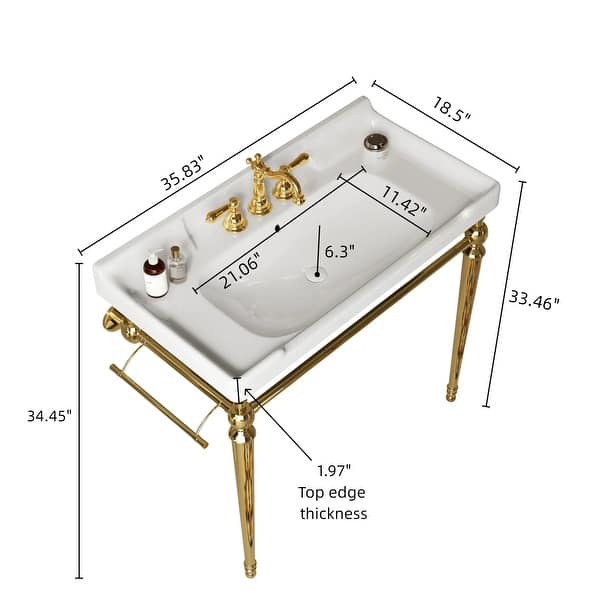 dimension image slide 0 of 3, 36 in. Ceramic Single Bowl Console Sink and Gold Legs Combo with One Towel Bar and 3 Faucet Holes