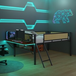 Single Metal Full Loft Bed with Rectangular Desk, LED Lights, LED Loft Bed Frame