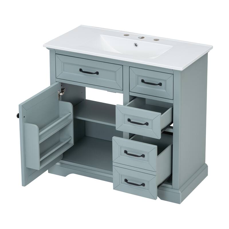 36" Bathroom Vanity With Sink, Ceramic Sink, 2 Tip-Out Drawers, Soft Close Door Hinges