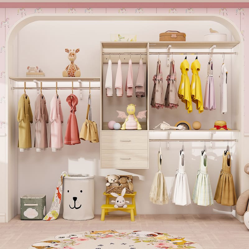 96'' W Wall-mounted Closet System with Storage Shelves and Hanging Rods,Adjustable Walk-in Closet Organizer System