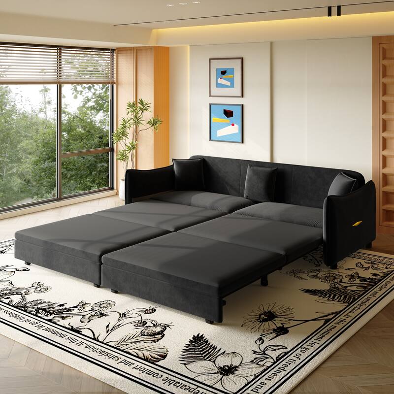 Convertible Sleeper Sofa Bed, Modern Velvet Loveseat Pull-Out Couch Bed, Oversized Love Seat Lounge Sofa with 3 Pillows