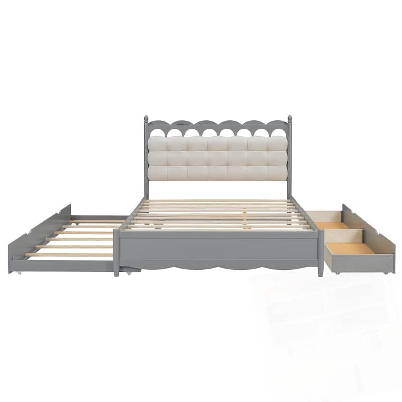Wooden Storage Platform Bed with 2 Big Drawers and Twin-XL Size Trundle
