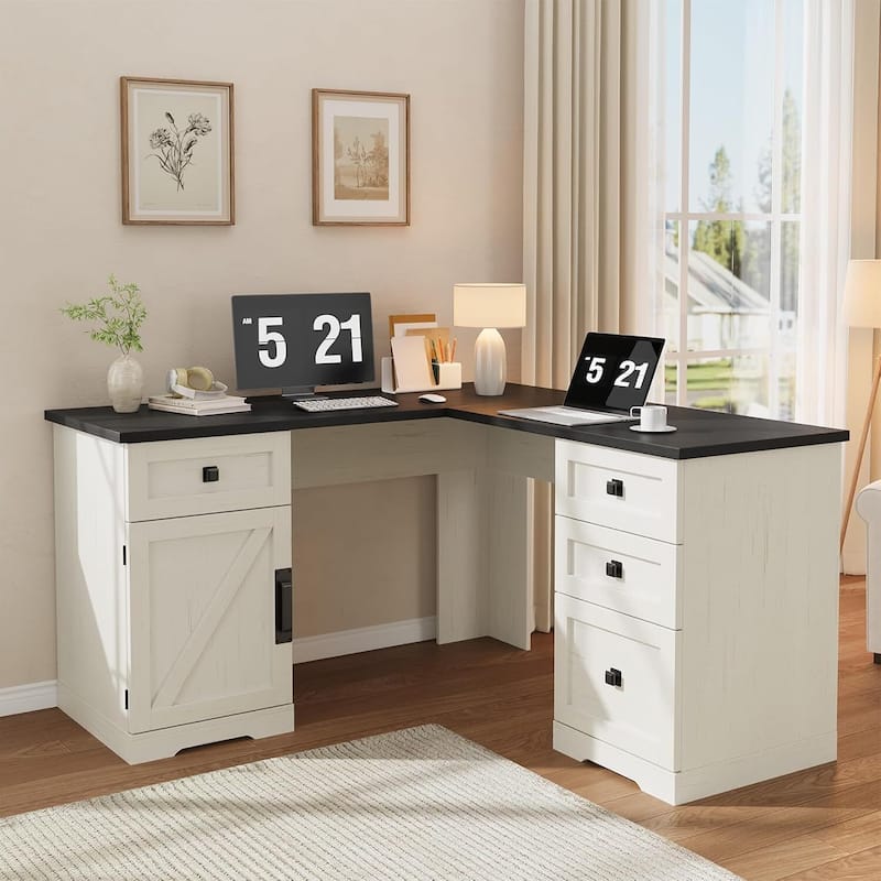 Executive L Shaped Home Office Computer Desk with File Drawers - Black