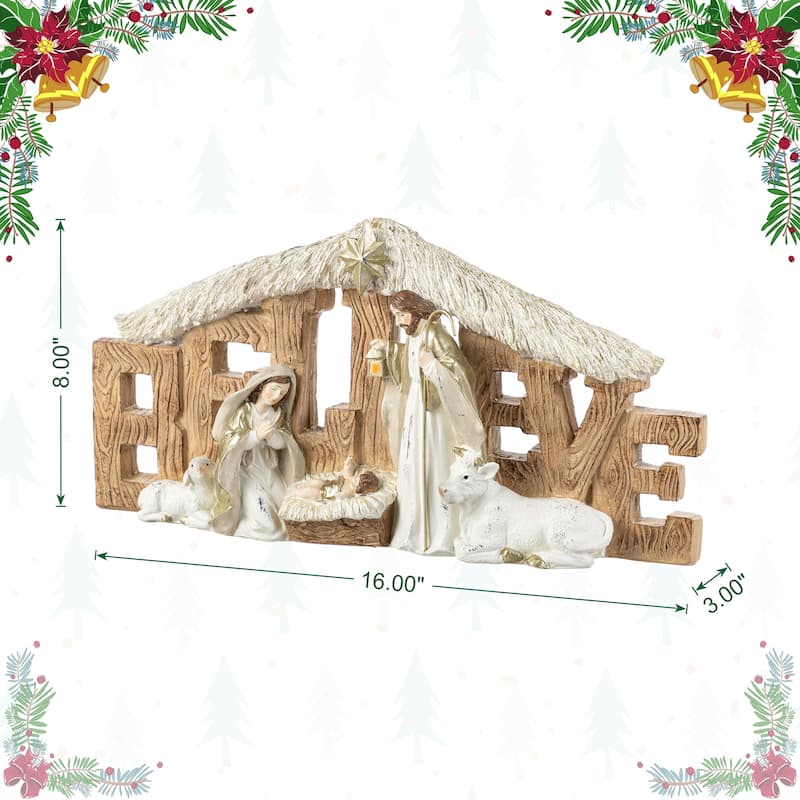Glitzhome 16"W Resin "BELIEVE" Holy Family Nativity Figurine