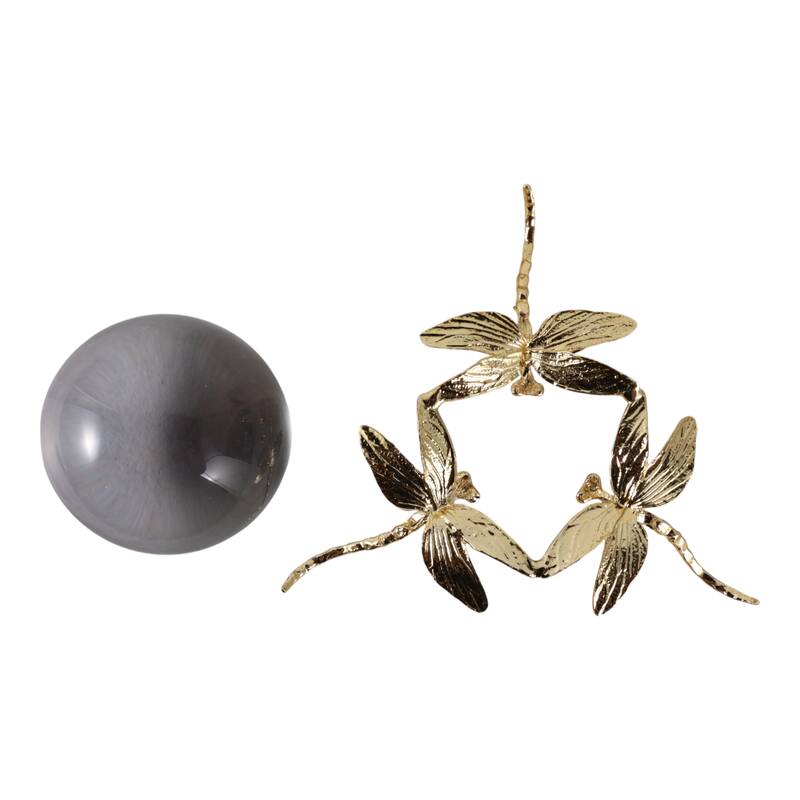 Resin Orb Sculpture Dragonfly Modern Figurine Home Decor - 4" Gold - 8" x 8" x 3.5"