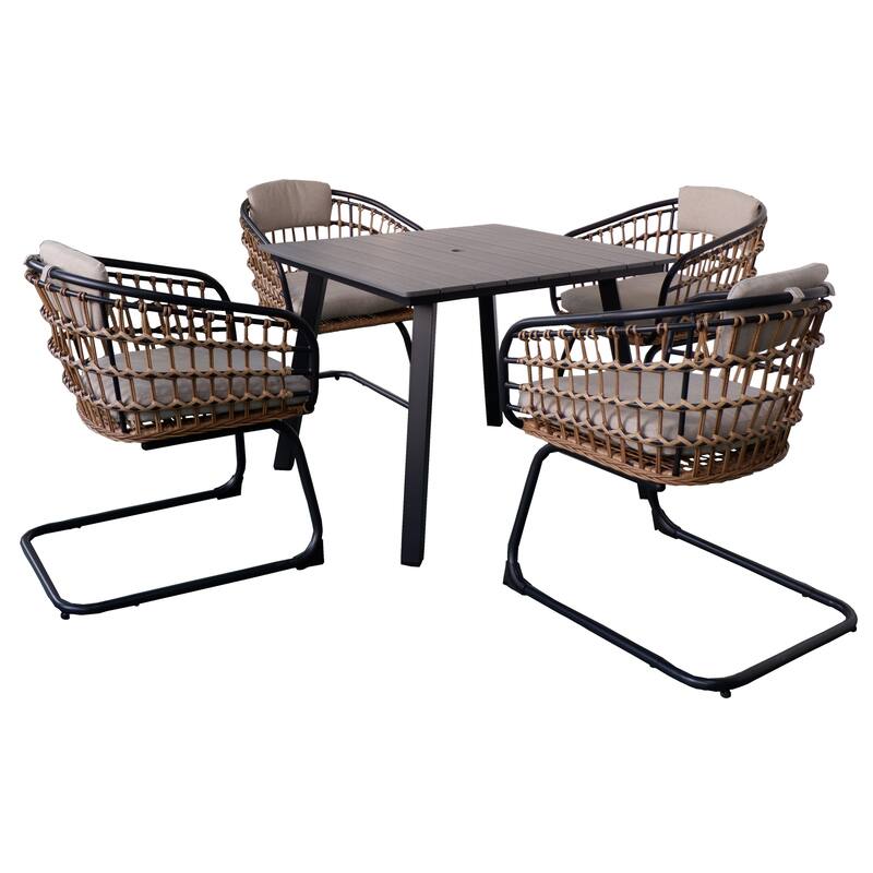 Square Patio Dining Table with Umbrella Hole,Heavy-Duty Iron Frame Wood-Plastic Composite Tabletop