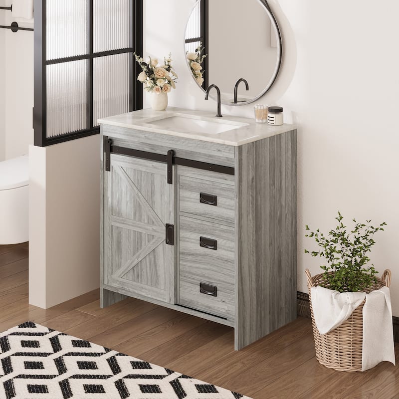 EROMMY Farmhouse Bathroom Vanity with Ceramic Top and Sliding Barn Door Sink Cabinet, Rustic Single Sink Vanity