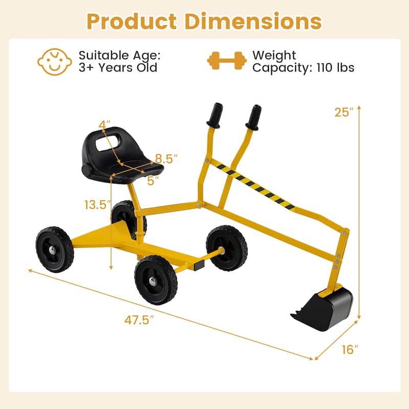 Kids Ride-On Sand Digger Toy with Rotating Seat and Realistic Shovel for Outdoor Play - 47.5" x 16" x 25"