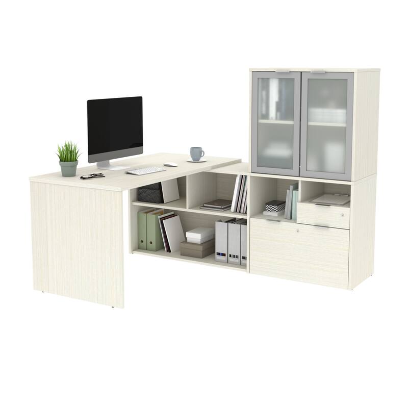 Bestar i3 Plus L-Desk with Frosted Glass Door Hutch