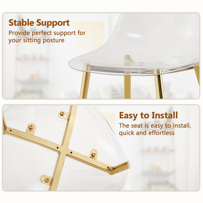 Modern Luxurious Rectangular Tempered Glass Dining Table Set- with 6 Transparent Plastic Chairs with Gold Metal Legs