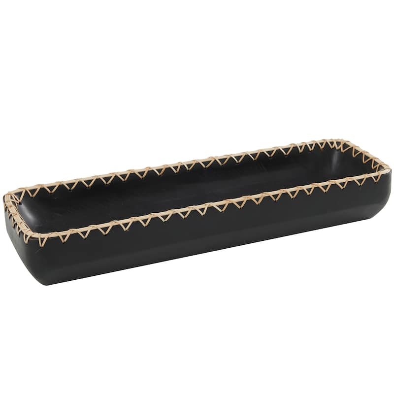 Mango Wood Handmade Nesting Tray with Hand Sewn and Woven Seagrass Accents - Black or Brown