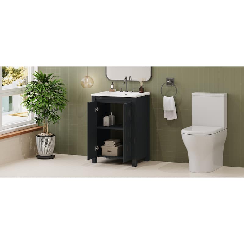 24" Small Bathroom Vanity with Ceramic Sink, Solid Wood Frame Bathroom Storage Cabinet