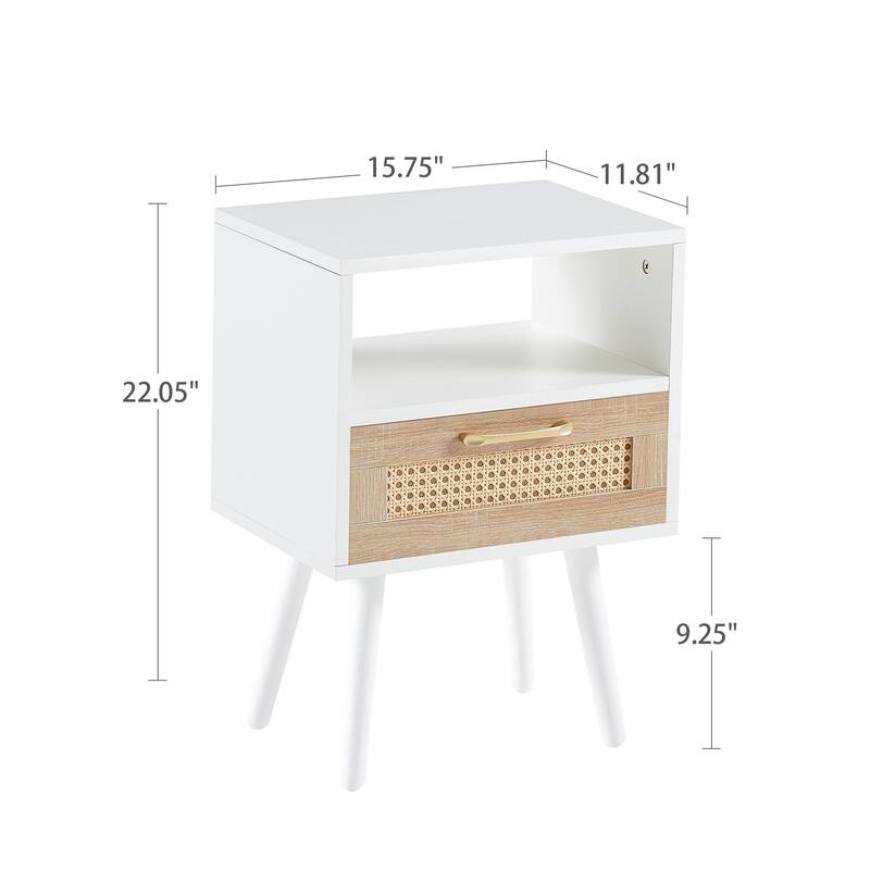 15.75" Boho Chic Rattan Storage End Table with Solid Wood Legs
