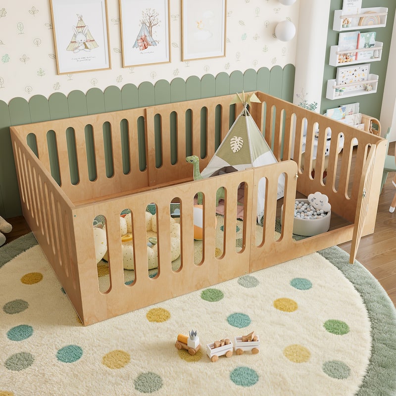 Toddlers Montessori Floor Bed with High Fence, Door, Low Profile Platform Bed Frame for Kids with No Box Spring Needed, No Slats - Natural - Full