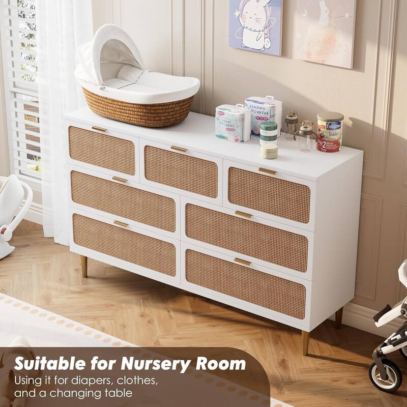 Rattan 7 Drawer Dressers TV Stand for Bedroom Living Room