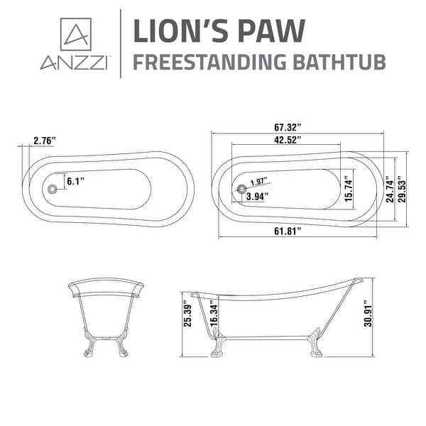 Diamante 67.3" White Acrylic Slipper Claw Foot Tub with Lion's Paw Feet