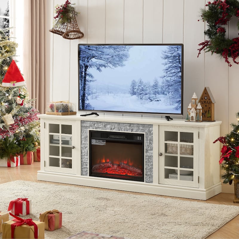 GDFStudio Thatch Wood 70" TV Stand with Faux Stacked Stone Fireplace and 2 Door Storage