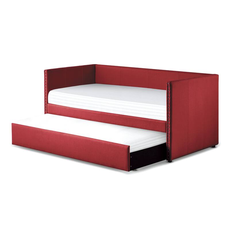 Fabric Upholstered Day Bed with Pull-out Trundle Nailhead Trim Wood