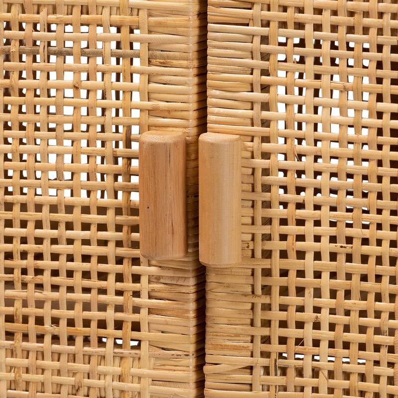 Vivan Modern Bohemian Natural Brown Rattan and Mahogany Wood 3-Shelf Storage Cabinet