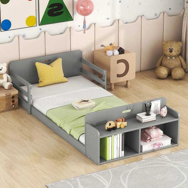 slide 2 of 5, Twin Size Floor Bed with Storage Footboard and Guardrail, Wood Platform Bed with Headboard, Grey Grey - Twin