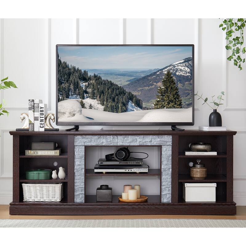 Large 70" TV Stand with Faux Stacked Stone Design, Entertainment Console for TVs up to 75" with Cable Management - Cherry