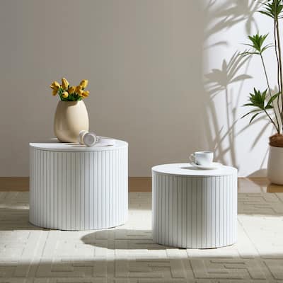 Set of 2 Round Nesting Tables, Vertical Stripe Coffee Table Sets with Hidden Storage and Disassembled Tabletop